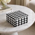 Siyah & Beyaz Mermer Kutu | 20 x 20 cm Kare Şekilli Mermer Mücevher Kutusu Damalı Desenli Kakma İşi | Çalışma Masası Dekoru için El Yapımı Taş Sabit Tutucu