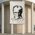 Siyah - Beyaz Mustafa Kemal Atatürk Silüeti ve Imza Poster Bayrak Premium Raşel Kumaş ATA28 2X3M