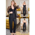 Siyah Brode Dantel Sabahlıklı Saten Pijama Takımı, M, LD15250-198IGP101178