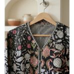 Siyah Çiçek Desenli Pamuk Kadın Ceket – Bohem Kapitone Günlük Ceket - XL - 2XL