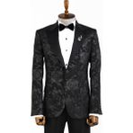 Siyah Çiçek Desenli Sivri Yaka Smokin Ceket - 54 - Black