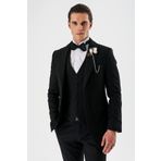 Siyah Çıkarılabilir Şal Yaka Yelekli Likralı 6 Drop Slim Fit Smokin Damatlık 1001240202