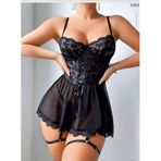 Siyah Dantel Babydoll İç Çamaşırı, Korset Detaylı, Şeffaf Tül Etek, Jartiyer Askılı, Gecelik