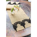Siyah Dantel İşleme Desenli Jüt Runner 40 x 150 cm