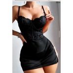 Siyah Dantel Korseli Mini Elbise, Saten Etek, İnce Askılı, Fiyonk Detaylı, Yırtmaçlı, Gece Elbisesi