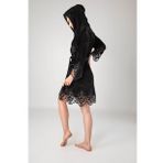 Siyah Dantelli Bambo Cotton Kadife Bayan Sabahlık (Siyah)