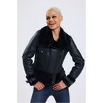 Siyah Deri Crop Ceket, Kürk Detaylı, Balıkçı Yaka, Içi Kürklü Şık Deri Ceket - 112222 - XS