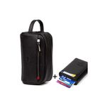 Siyah Deri Portföy El Çantası Seyahat Traş Kozmetik Clutch Çanta ve Mekanizmalı Cüzdan Set