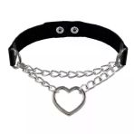 Siyah Deri Tasma Kalp Zincirli 37 Cm Choker Çıt Çıtlı Bayan Kolye