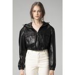 Siyah Dericlub Wm036 Kapüşonlu Gerçek Deri Crop Mont