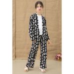 Siyah Desenli Bluzlu Geniş Paça Pantolonlu Kız Çocuk 3lü Takım 20762 - 9 Yaş
