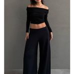 Siyah Dökümlü Cepli Krep Kumaş Wide Leg Pantolon MG2668