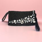 Siyah, El Yapımı, Astarlı, Çıtçıtlı Kağıt Ip Clutch Çanta Parlak Payet Boncuk Midye Aksesuar