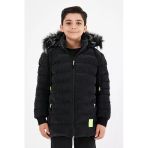 Siyah Erkek Çocuk Çıkartılabilir Kapüşonlu Şişme Deri Karışımlı Kumaş Mont&Kaban