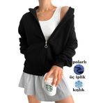 Siyah Fermuarlı Kışlık Oversize Sweat Hırka