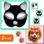 Siyah Gümüş Simli Kedi Maskesi + Kahverengi Saçlı Peluş Tilki Maskesi - 2li Set Y0X4U9