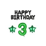 Siyah Happy Bırthday Yeşil Rakam ve Yıldız Folyo Balon Seti Yaş 3