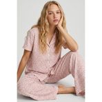 Siyah İnci beyaz somon Leopar Baskılı Düğmeli Örme Pijama Takım 8015