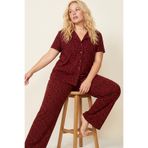 Siyah İnci bordo Leopar Baskılı Büyük Beden Battal Boy Düğmeli Örme Pijama Takım 8016