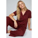 Siyah İnci BORDO Leopar Baskılı Düğmeli Örme Pijama Takım 8015