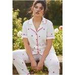 Siyah İnci ekru desenli Bürümcük-Krınkıl Büyük Beden Battal Düğmeli Biyeli Pijama Takım 26120825