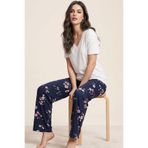 Siyah İnci ekru lacivert çiçek desenli dantel Detaylı Viskon Örme Pijama Takım26119103