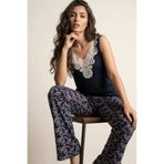 Siyah İnci lacivert desenli dantel Detaylı Viskon Örme Pijama Takım26120773