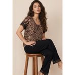 Siyah İnci leopar desenli dantel Detaylı Viskon Örme Pijama Takım26119117
