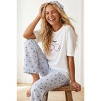 Siyah İnci MAVİ ekose kareli Üst ekru Kiraz Nakışlı İnce Soft Örme Pijama Takımı 8041