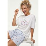 Siyah İnci mavi ekose kareli Üst ekru Nakışlı İnce Soft Örme Şort Pijama Takımı 8042