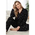 Siyah İnci Siyah Kalp Desenli Curve Büyük Beden Battal Boy Düğmeli Pamuklu Pijama Takımı