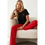 Siyah İnci siyah kırmızı kalp desenli Örme Pijama Takımı
