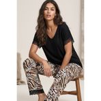 Siyah İnci siyah leopar desenli dantel Detaylı Viskon Örme Pijama Takım26120770