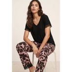 Siyah İnci siyah pembe çiçek desenli dantel Detaylı Viskon Örme Pijama Takım26120770