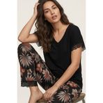 Siyah İnci siyah yaprak desenli dantel Detaylı Viskon Örme Pijama Takım26120770