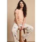 Siyah İnci somon çiçek desenli Viskon Örme Pijama Takım26119120