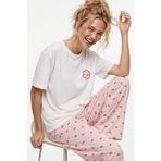 Siyah İnci somon ekose kareli Üst ekru Nakışlı İnce Soft Örme Pijama Takımı 8041