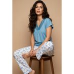 Siyah İnci turkuaz desenli dantel Detaylı Viskon Örme Pijama Takım26120795