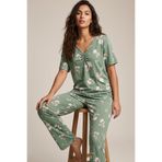 Siyah İnci yeşil çiçek desenli Viskon Örme Pijama Takım26119108