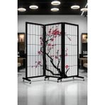 Siyah Japon Sakura Ağacı Tekerlekli Ahşap Paravan Seperatör Oda Bölme - 210X180