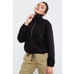 Siyah Kadın Yarım Fermuar Etek Ucu Büzgülü Oversize Polar Sweatshirt - 97171