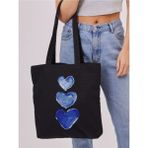 Siyah Kanvas Mavi Kalp Tasarım Kalın Kanvas Tote Bag Çanta, Pinterest Çanta - 10D-Krem