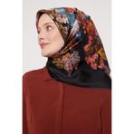 Siyah Karışık Gül Desen Twill İpek Eşarp