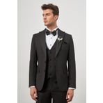 Siyah Kendinden Desenli Armürlü Kılıç Yaka - Çıkma Kılıç Yaka Tam Astar Çift Yırtmaç 2 Düğme Yelekli 6 Drop Slim Fit Ceremony Takım Elbise 1001240205