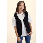 Siyah Keten Düğmeli Yelekli Oversize Tişörtlü Kız Çocuk 2li Takım 21006 - Regular Fit - 12 - 13 Yaş