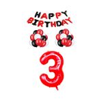 Siyah Kırmızı Happy Bırthday Kırmızı Rakam Folyo ve Latex Balon Seti Yaş 3