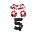 Siyah Kırmızı Happy Bırthday Siyah Rakam Folyo ve Latex Balon Seti Yaş 5