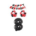 Siyah Kırmızı Happy Bırthday Siyah Rakam Folyo ve Latex Balon Seti Yaş 8