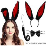 Siyah Kırmızı Renk Peluş Tavşan Kulak Papyon Kuyruk Yetişkin Boy - Lisinya - 001-Renkli