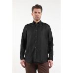 Siyah Kol Düz Keten Düğmeli Yaka Cepsiz Casual Comfort Fit Gömlek 1004250114